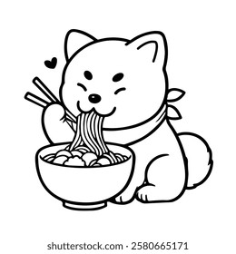 Cute Shibu Inu Dog Eating Ramen cartoon vector illustration. Food Logo Concept Isolated Vector. Flat cartoon line icon vector. Isolated contour symbol black illustration.