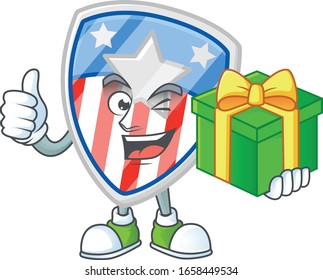 Cute shield badges USA with star character holding a gift box