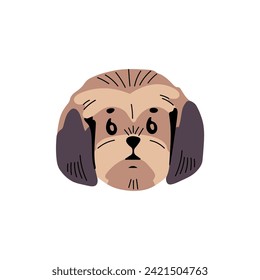 Cute Shih Tzu avatar. Adorable Pekingese muzzle. Fluffy puppy of tibetan toy breed dog. Funny pup portrait of Lhasa Apso. Longhair doggy face, pet snout. Flat isolated vector illustration on white