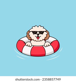 Cute shih tzu dog in sunglasses swims in inflatable circle. Vector flat illustration