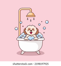 Cute shih tzu dog taking bath. Dog bath. Doggy wash in bathroom. Bubble bath for puppy. Domestic animal cleaning. Vector illustration with cartoon character on pink background