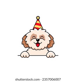 Cute shih tzu dog is wearing a party hat. Vector flat illustration in cartoon style at birthday or other celebrations
