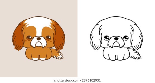 Cute Shih Tzu Puppy Clipart Illustration and Black and White. Kawaii Clip Art Dog. Cute Vector Illustration of a Kawaii Pet for Stickers, Prints for Clothes, Baby Shower. 