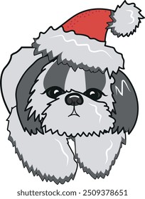 Cute Shih Tzu Wearing Santa Claus Hat. Cute Dog Print. Vetor Illustration for Christmas. Pet Element.