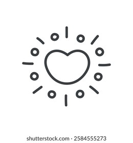 Cute shining heart icon. Hand drawn monochrome illustration isolated of a heart shape with sparkles on a white background. Abstract romantic emoji. Kawaii St. Valentine day sticker. Vector 10 EPS.