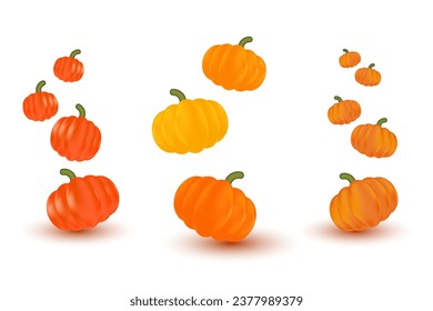 Cute shiny orange pumpkins template, flowing pumpkins isolated background. Halloween, Thanksgiving elements.