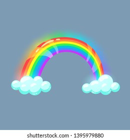 Cute shiny rainbow with clouds in cartoon style. Vector Illustration.