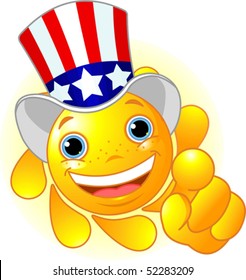 Cute and shiny Sun with Uncle Sam hat pointing to us