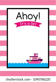 cute ship boat ahoy baby girl shower invitation card