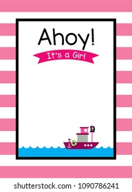 cute ship boat ahoy baby girl shower invitation card