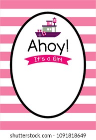 cute ship boat ahoy baby girl shower invitation card