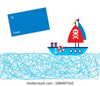 cute ship boat greeting card vector
