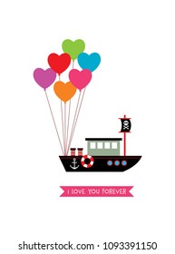 cute ship boat i love you card with balloon
