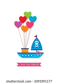 cute ship boat i love you card with balloon