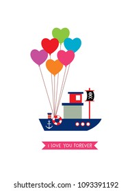 cute ship boat i love you card with balloon