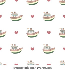 Cute ship (boat) seamless pattern vector on isolated white background. For baby and children fabric, backdrop, wallpaper, wrapping paper. Printable eps 10 file format.