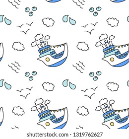 Cute ship and cloud seamless pattern on white background. Blue and white nautical print. Marine travel wallpaper. Kid birthday wrapping paper. Summer activity doodle pattern. Marine theme pattern tile