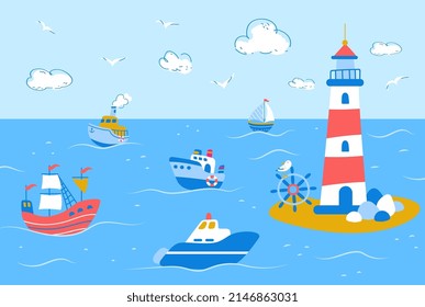 Cute ship and cruiser in ocean landscape. Cartoon sailboat trip and lighthouse. Horizontal childish background, nowaday sea adventures vector banner
