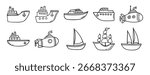 cute ship doodle hand drawn icon set. Outline drawing ships line clipart symbol collection. Vector illustration