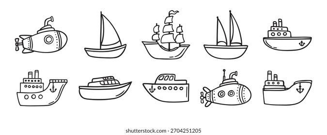 süßes Schiff doodle handgezeichnete Symbol-Set. Die Gliederungszeichnung liefert eine Auflistung von Linienklipart-Symbolen. Vektorgrafik
