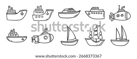 cute ship doodle hand drawn icon set. Outline drawing ships line clipart symbol collection. Vector illustration