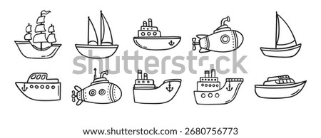 cute ship doodle hand drawn icon set. Outline drawing ships line clipart symbol collection. Vector illustration