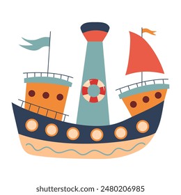 Cute ship. Motor boat. Nursery art scandinavian style childish ship. Marine transport clipart. Nautical theme.