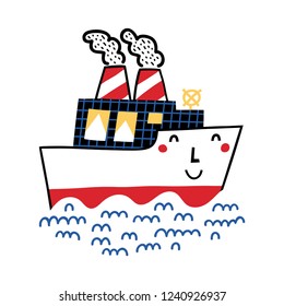 Impresión de un barco en el estilo dibujado a mano. Diseño moderno de barcos dibujados a mano para carteles, tarjetas, bolsos y camisetas, cubierta. Ilustración vectorial.