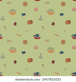 Cute Ship and sailboat Seamless Pattern. Cartoon nautical items and objects background. Vector illustration.