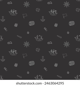 Cute Ship and sailboat Seamless Pattern. Cartoon nautical items and objects background. Vector illustration.