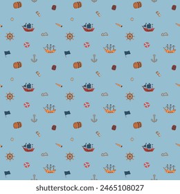 Cute Ship and sailboat Seamless Pattern. Cartoon nautical items and objects background. Vector illustration.