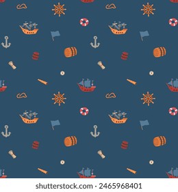 Cute Ship and sailboat Seamless Pattern. Cartoon nautical items and objects background. Vector illustration.
