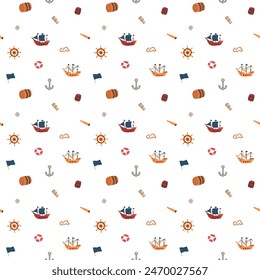 Cute Ship and sailboat Seamless Pattern. Cartoon nautical items and objects background. Vector illustration.