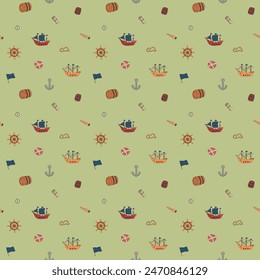 Cute Ship and sailboat Seamless Pattern. Cartoon nautical items and objects background. Vector illustration.