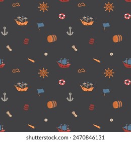 Cute Ship and sailboat Seamless Pattern. Cartoon nautical items and objects background. Vector illustration.