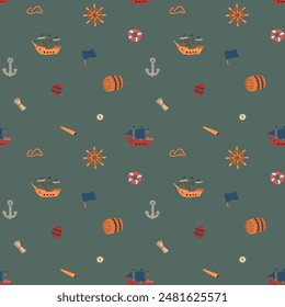 Cute Ship and sailboat Seamless Pattern. Cartoon nautical items and objects background. Vector illustration.