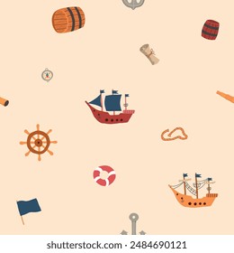 Cute Ship and sailboat Seamless Pattern. Cartoon nautical items and objects background. Vector illustration.