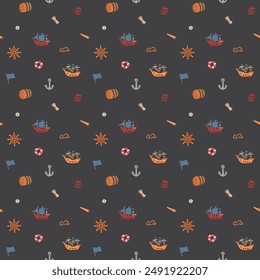 Cute Ship and sailboat Seamless Pattern. Cartoon nautical items and objects background. Vector illustration.