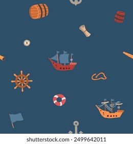 Cute Ship and sailboat Seamless Pattern. Cartoon nautical items and objects background. Vector illustration.