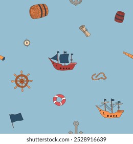 Cute Ship and sailboat Seamless Pattern. Cartoon nautical items and objects background. Vector illustration.