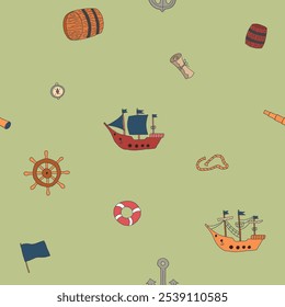 Cute Ship and sailboat Seamless Pattern. Cartoon nautical items and objects background. Vector illustration.