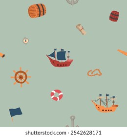 Cute Ship and sailboat Seamless Pattern. Cartoon nautical items and objects background. Vector illustration.