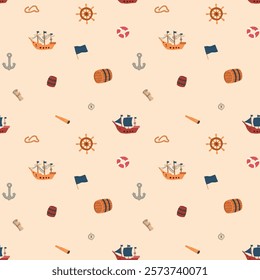 Cute Ship and sailboat Seamless Pattern. Cartoon nautical items and objects background. Vector illustration.