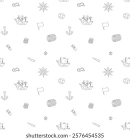 Cute Ship and sailboat Seamless Pattern. Cartoon nautical items and objects background. Vector illustration.