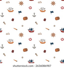 Cute Ship and sailboat Seamless Pattern. Cartoon nautical items and objects background. Vector illustration.