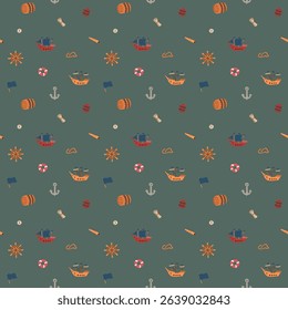 Cute Ship and sailboat Seamless Pattern. Cartoon nautical items and objects background. Vector illustration.