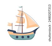 Cute ship. Sailing boat. Nursery art scandinavian style childish ship. Marine transport clipart. Nautical theme.