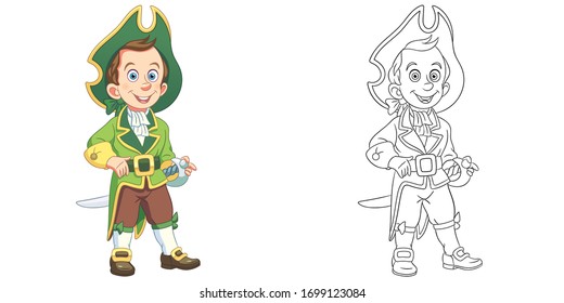 Cute ship sailor or pirate. Coloring page and colorful clipart character. Cartoon design for t shirt print, icon, logo, label, patch or sticker. Vector illustration.