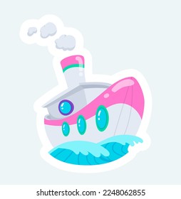 Cute ship sails on high waves. Sea transport and transportation. Vector illustration in cartoon sticker design