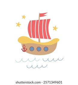 Cute ship, sea vessel, pirate boat for children's illustration. Vector in cartoon flat style.